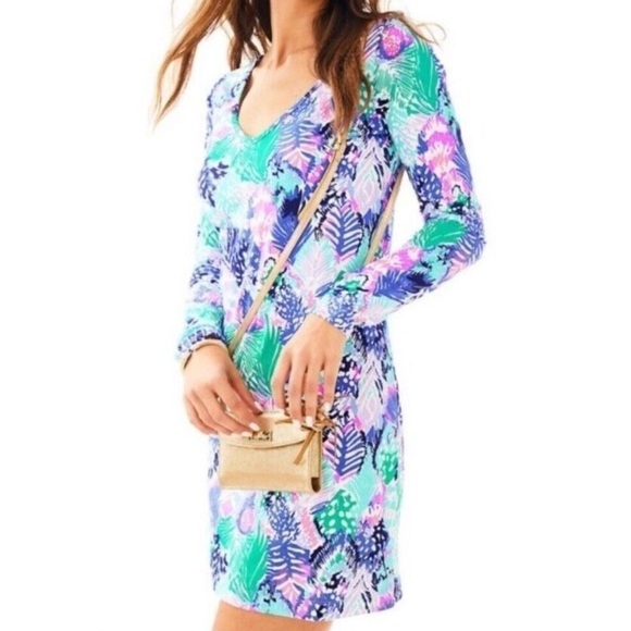 Lilly Pulitzer Multi Quill Out Fish Print Beacon Long Sleeve Dress SIZE MEDIUM - Picture 1 of 5
